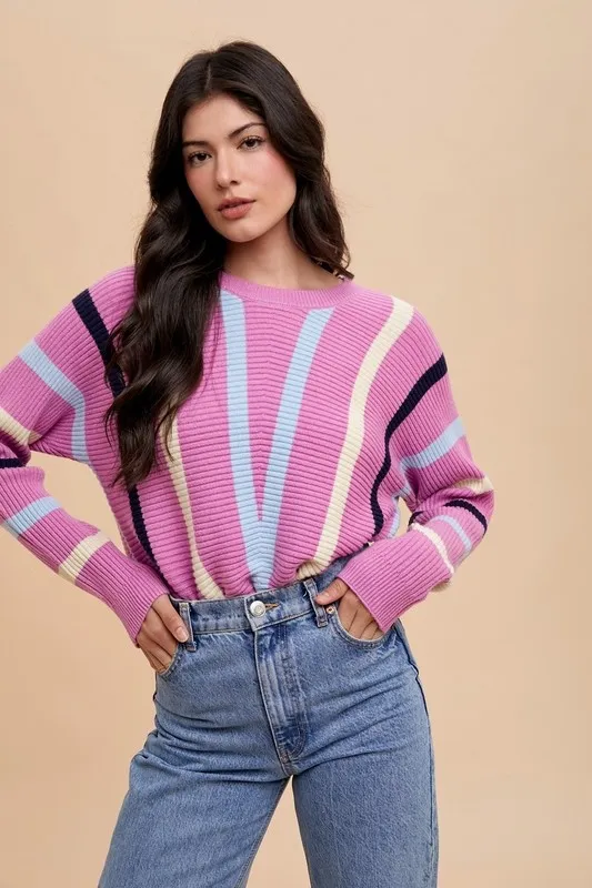 Chevron Stripe Round Neck Ribbed Sweater