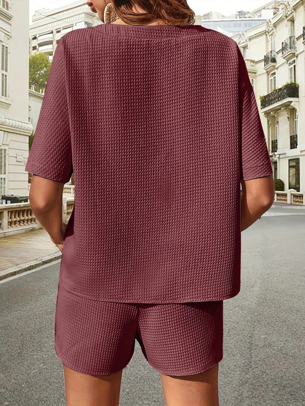 Waffle-Knit Half Sleeve Top and Shorts Set, image 7