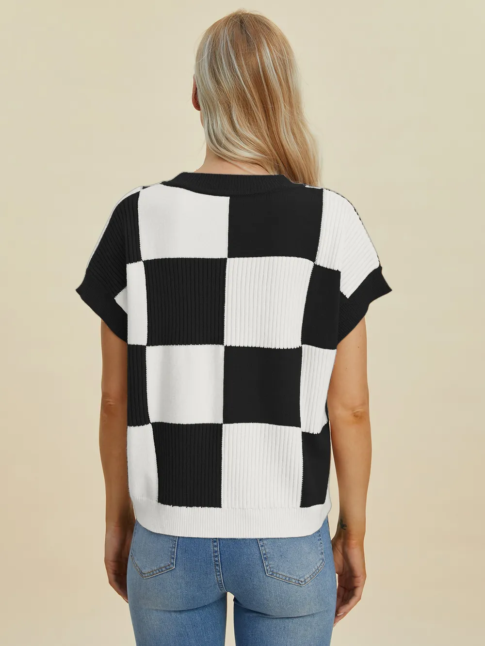 Full Size Checkered Round Neck Short Sleeve Sweater, image 11