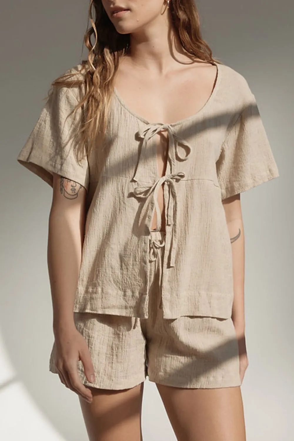 Plaid Tied Scoop Neck Short Sleeve Top and Drawstring Shorts Set, image 15