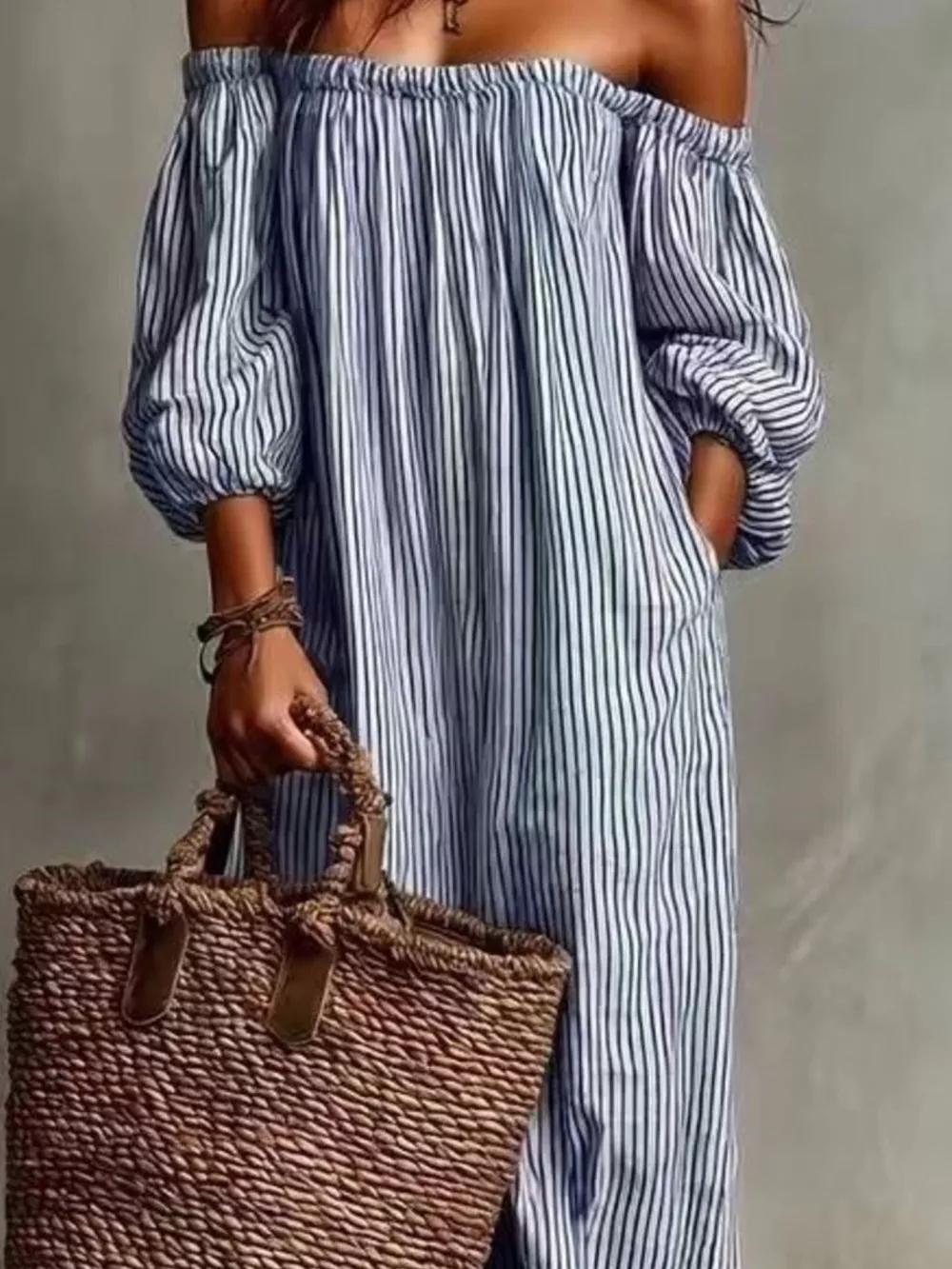 Full Size Off-Shoulder Striped Maxi Dress with Puff Sleeves Plus Size, image 13