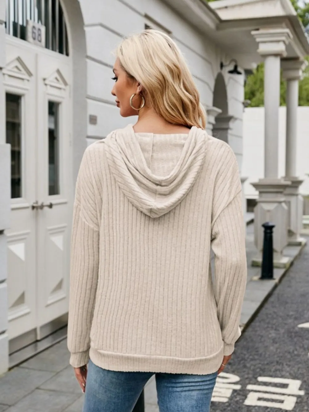 Ribbed Drawstring Long Sleeve Hoodie, image 3