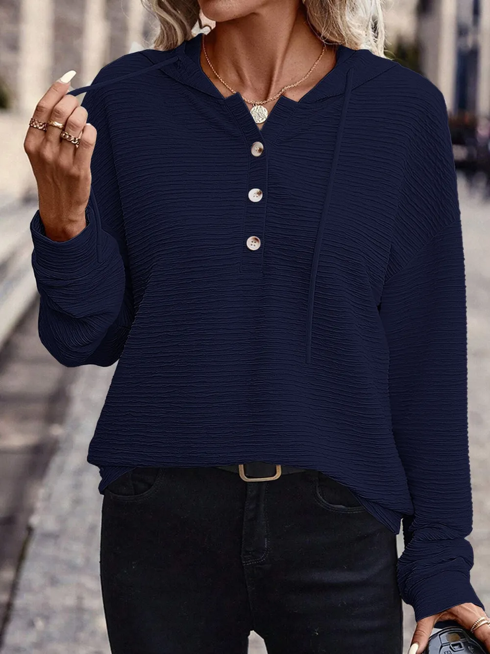 Drawstring Quarter Button Long Sleeve Hoodie, image 28