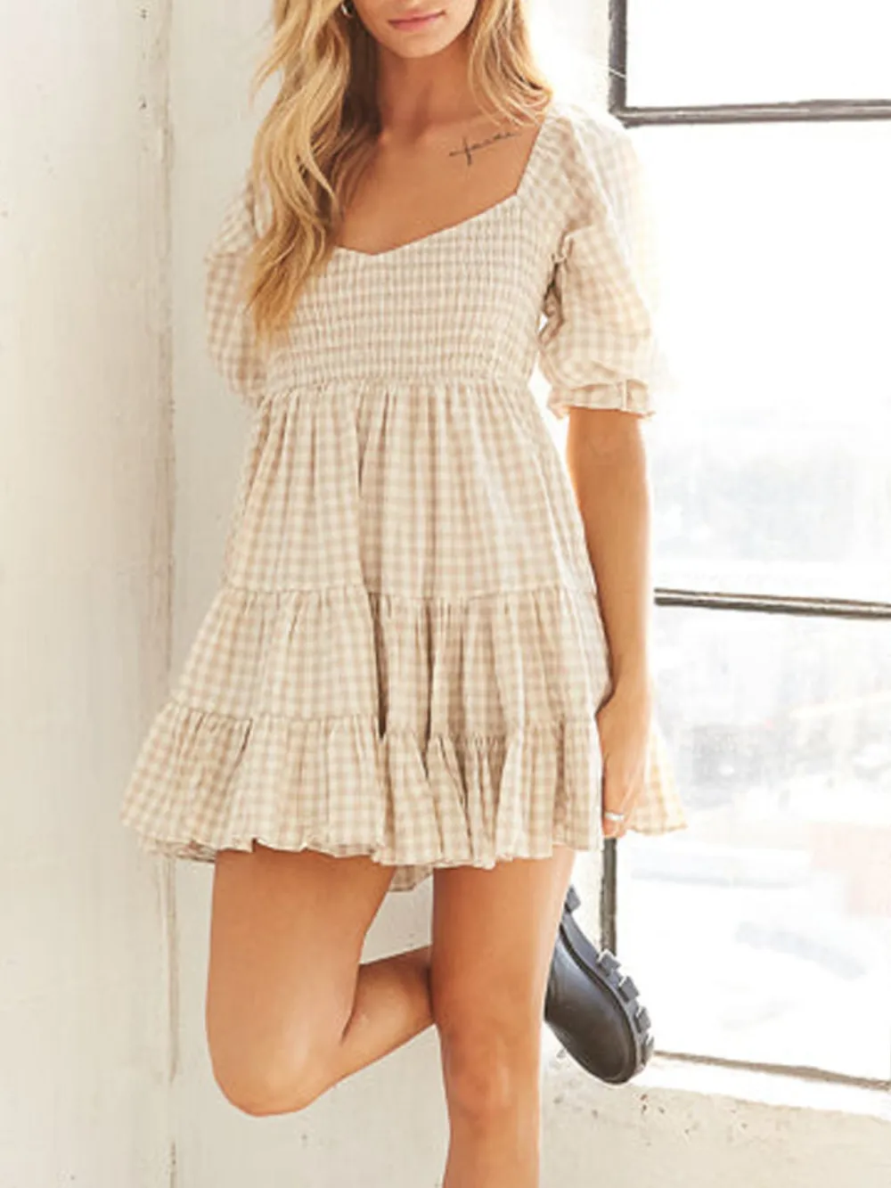 Ruffled Hem Plaid Half Sleeve Mini Dress, image 8