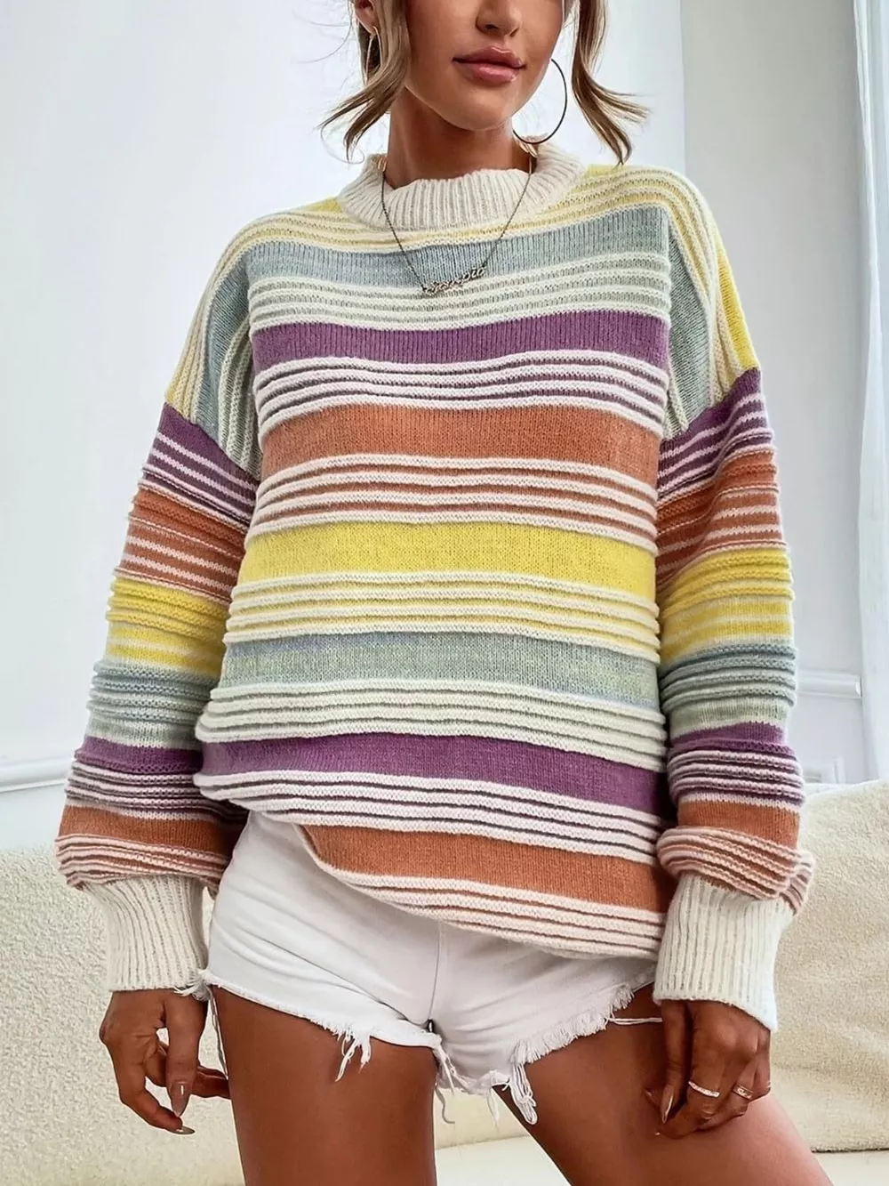 Rainbow Striped Drop Shoulder Oversized Sweater, image 10