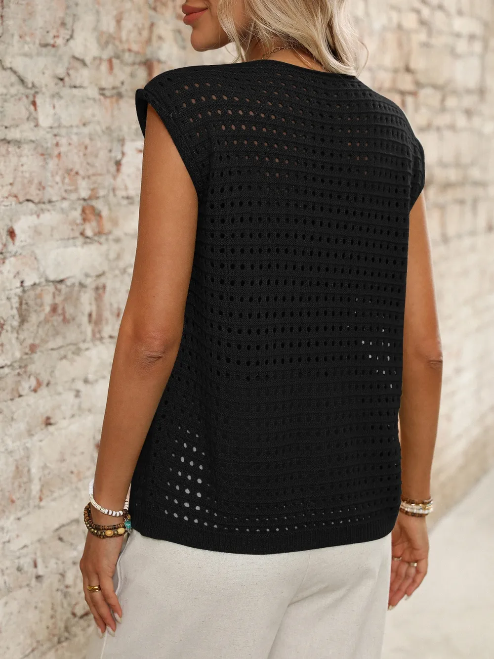 Tied Front Openwork V-Neck Knit Top, image 7