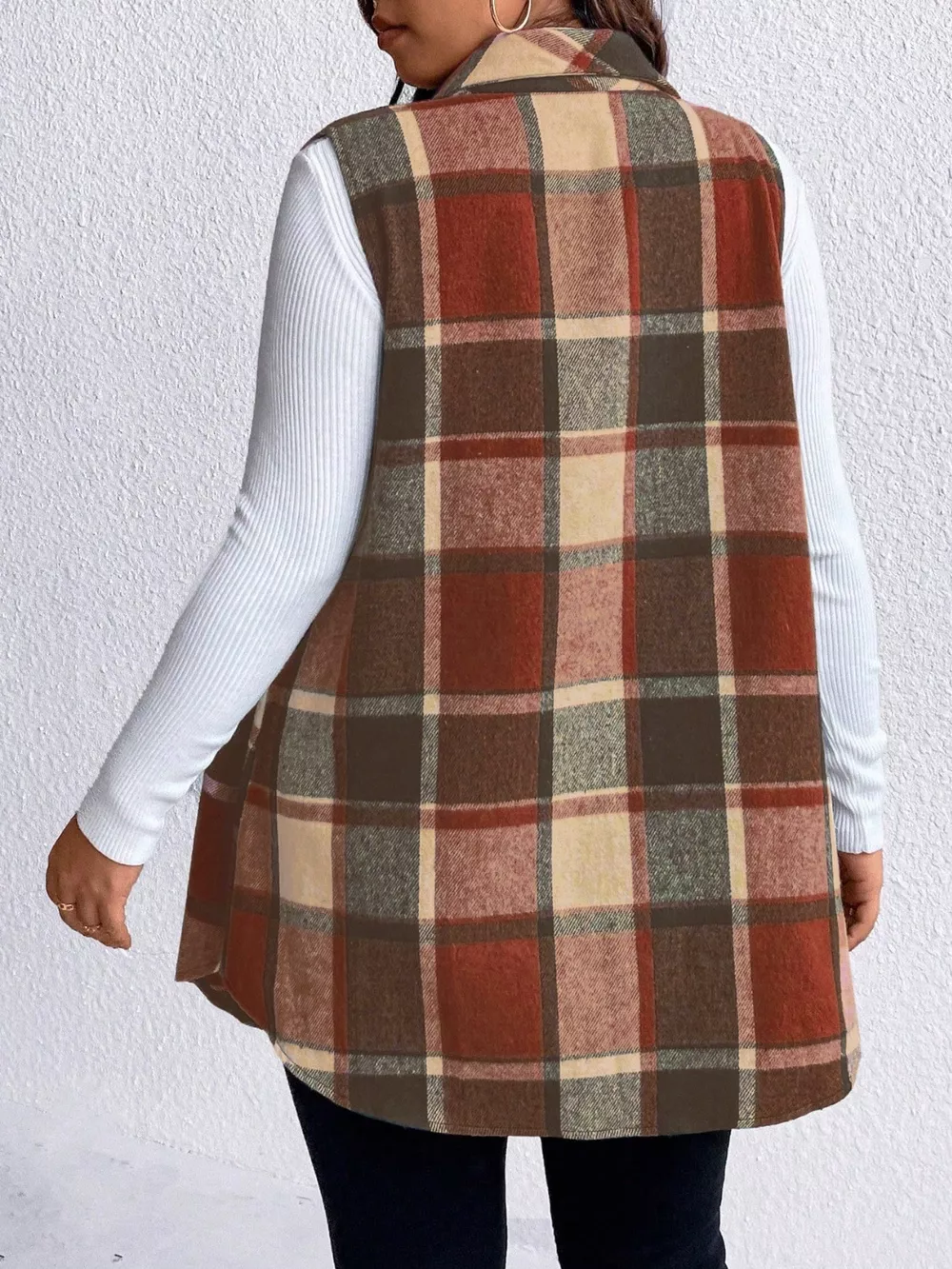 Plus Size Pocketed Plaid Button Up Vest Coat, image 11