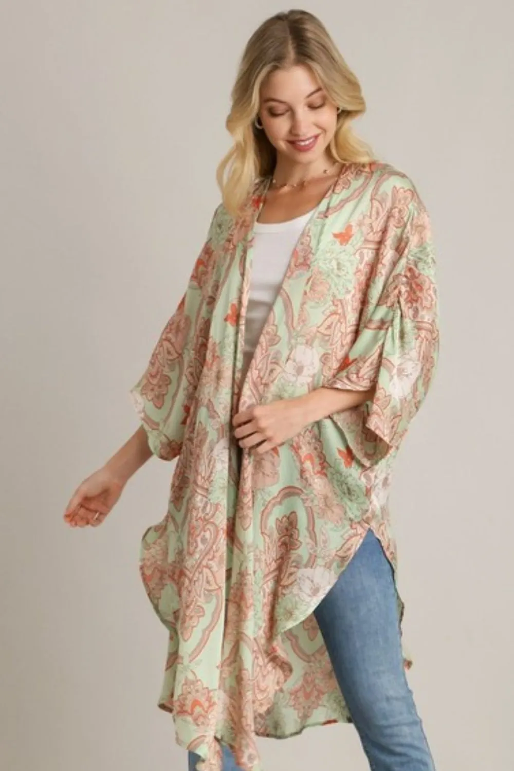 Full Size Mixed Print Open Front Kimono with Ruffle Sleeves Plus Size