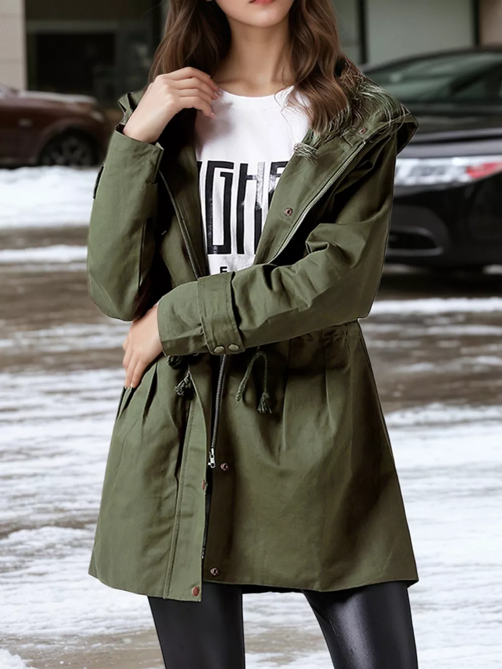 Plus Size Hooded Drawstring Waist Trench Coat, image 3