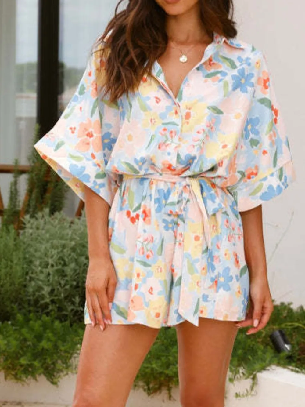 Printed Half Sleeve Tie Waist Romper, image 4