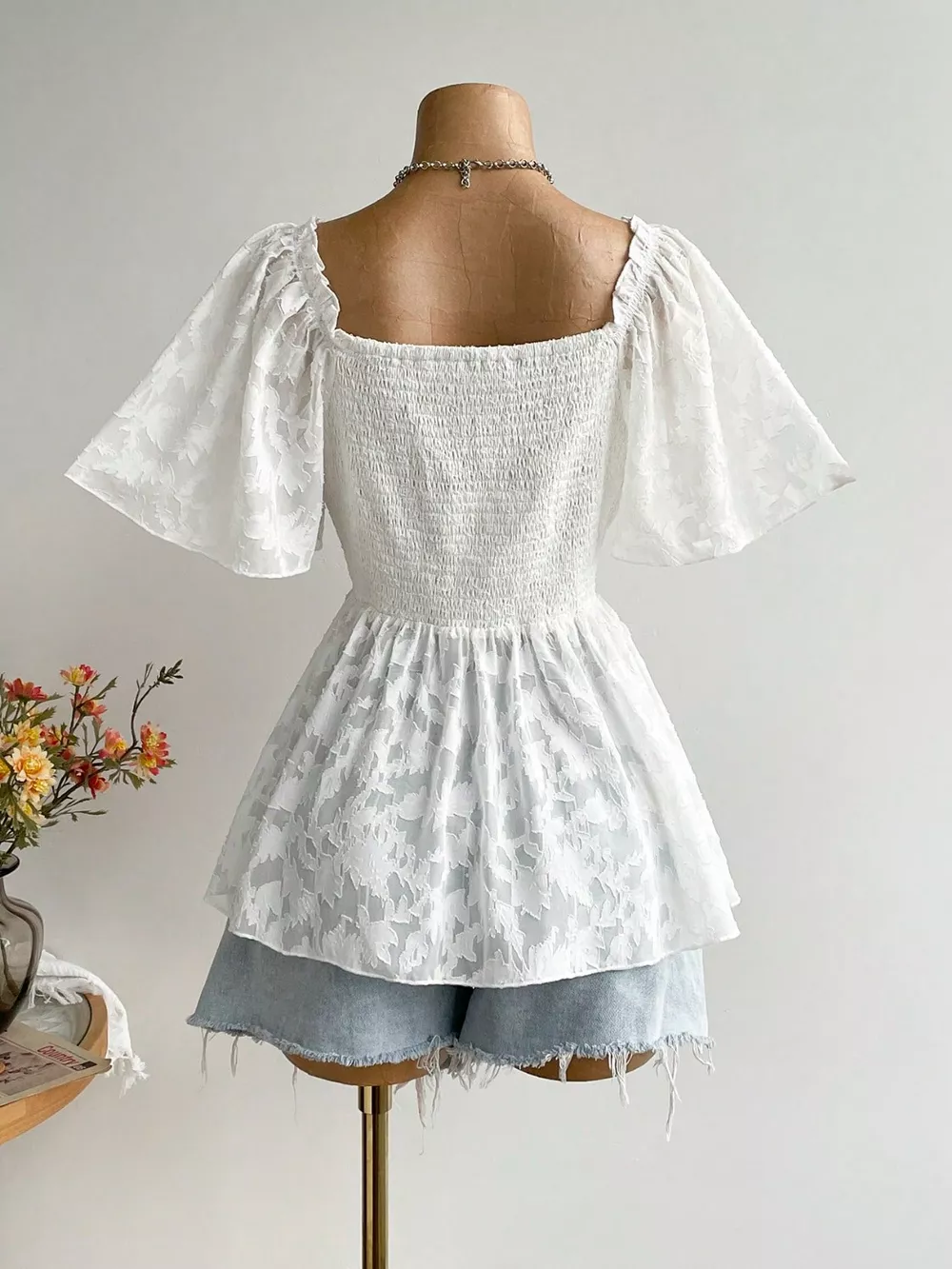 Plus Size Floral Flutter Sleeve Blouse with Smocked Back, image 5