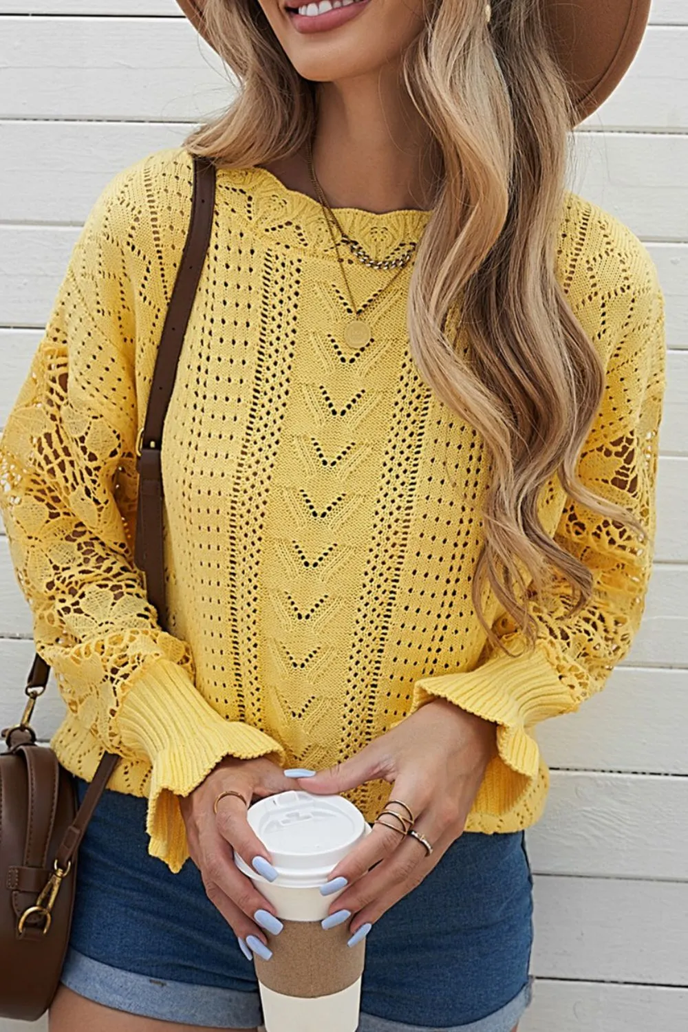 Openwork Round Neck Long Sleeve Sweater, image 10