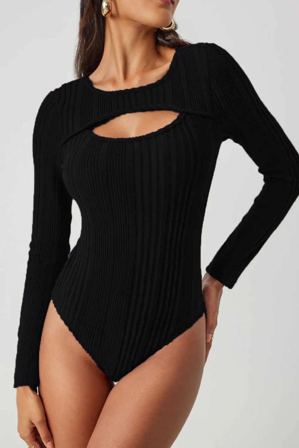Ribbed Cutout Round Neck Bodysuit, image 3