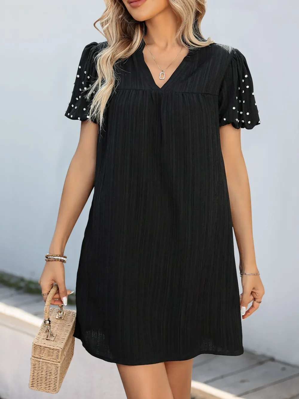Textured V-Neck Short Sleeve Mini Dress