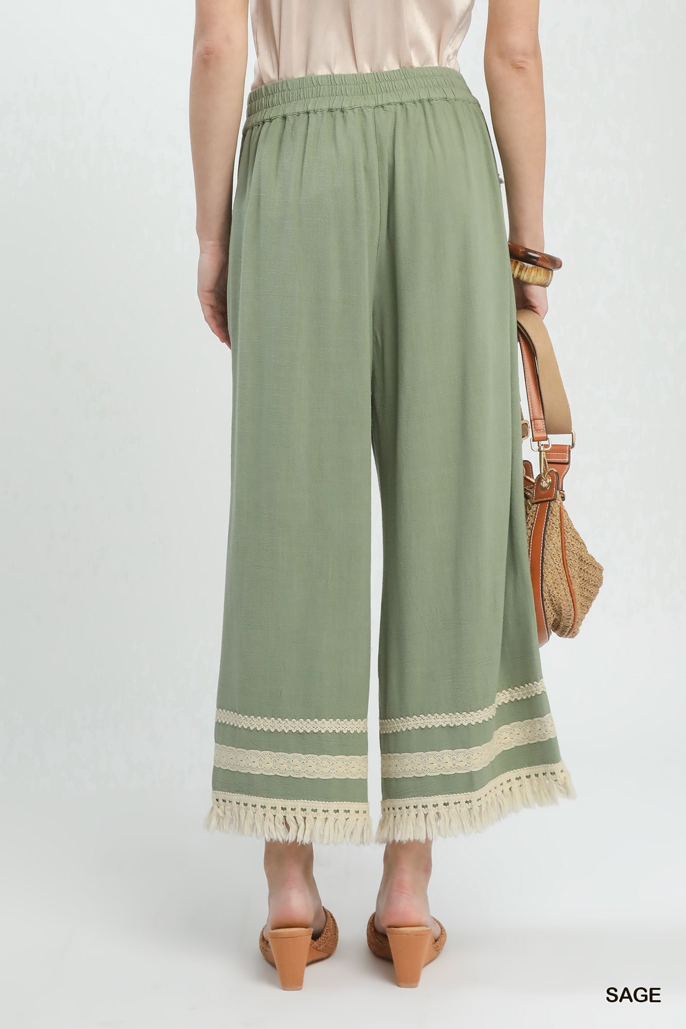 Lace Trim Fringe Hem Wide Leg Pants, image 2