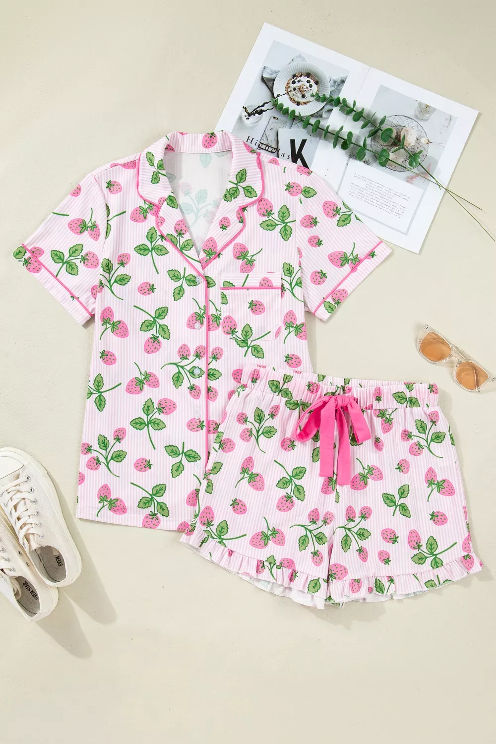 Striped Strawberry Print Lapel Shirt Drawstring Shorts 2pcs Pajama Set, image 3