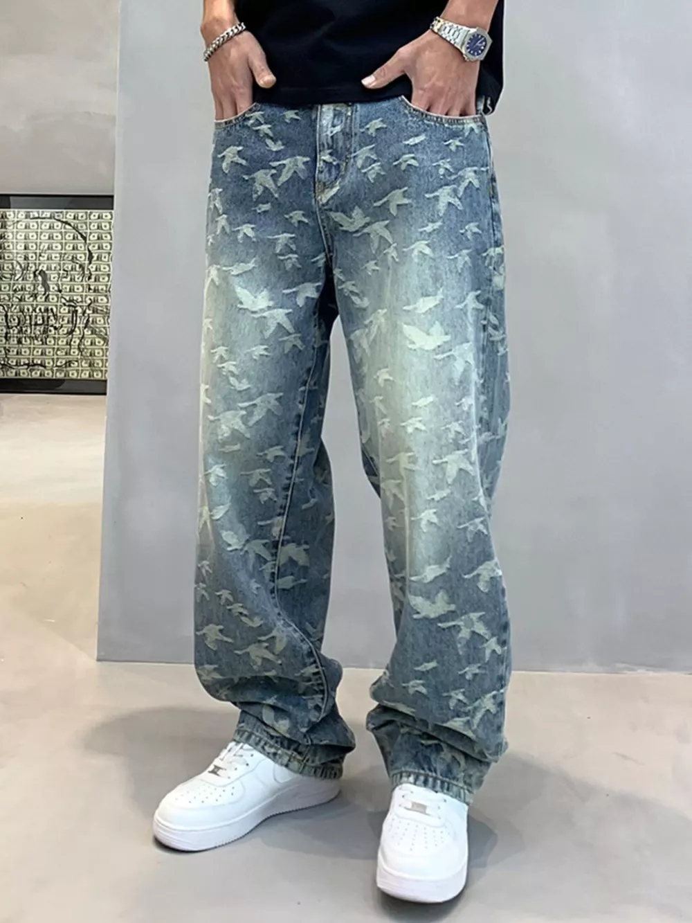 Men's Vintage Bird Print Loose Fit Jeans, image 4