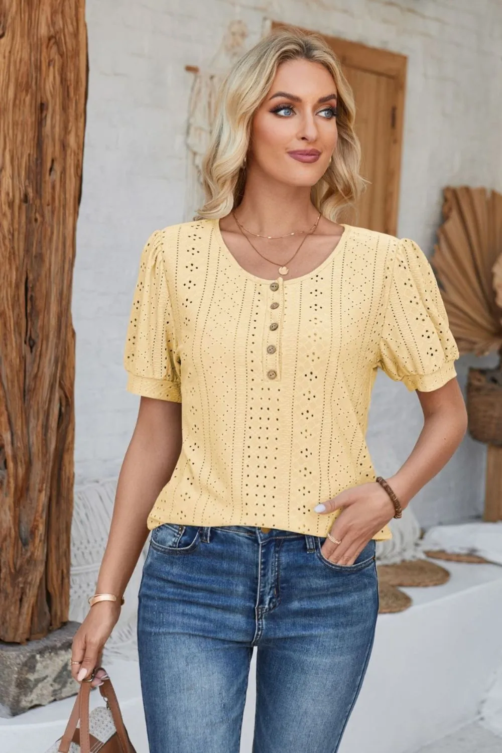 Eyelet Round Neck Short Sleeve Blouse, image 18