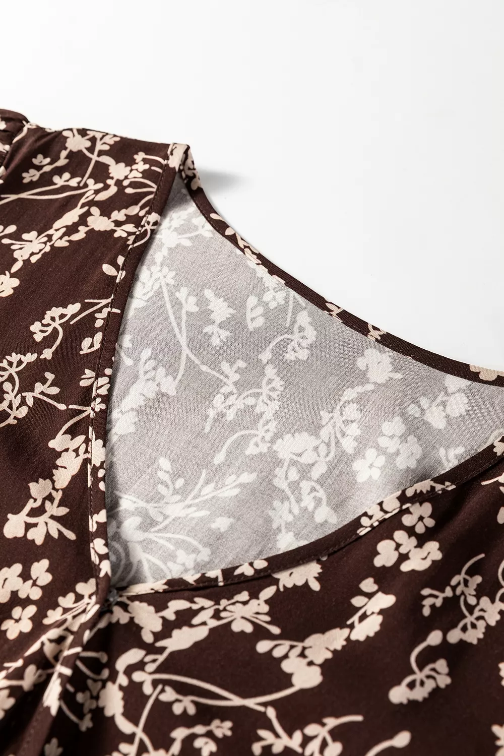 Ditsy Floral Print Split Neck Long Sleeve Shirred Waist Flared Mini Dress, image 9