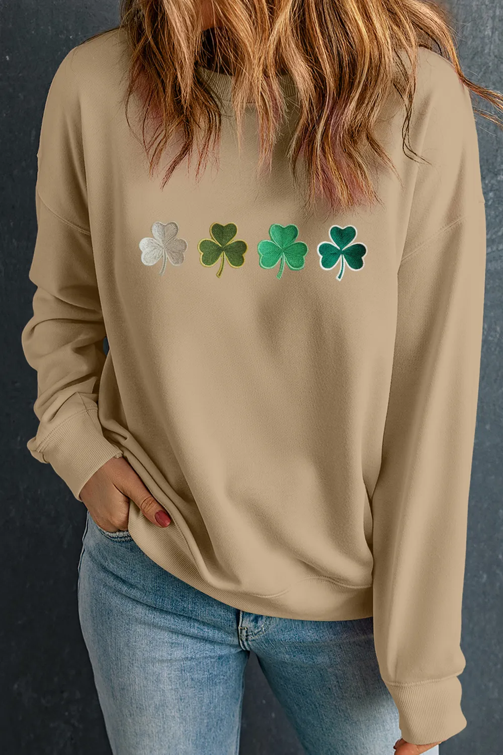 Embroidered Clover Pattern Round Neck Sweatshirt, image 3