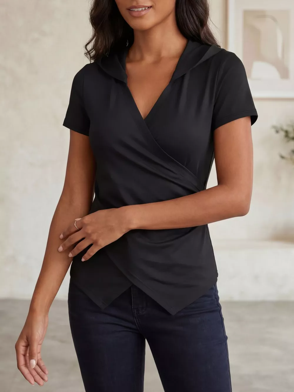 Hooded Wrap Front Slim Fit Top, image 2