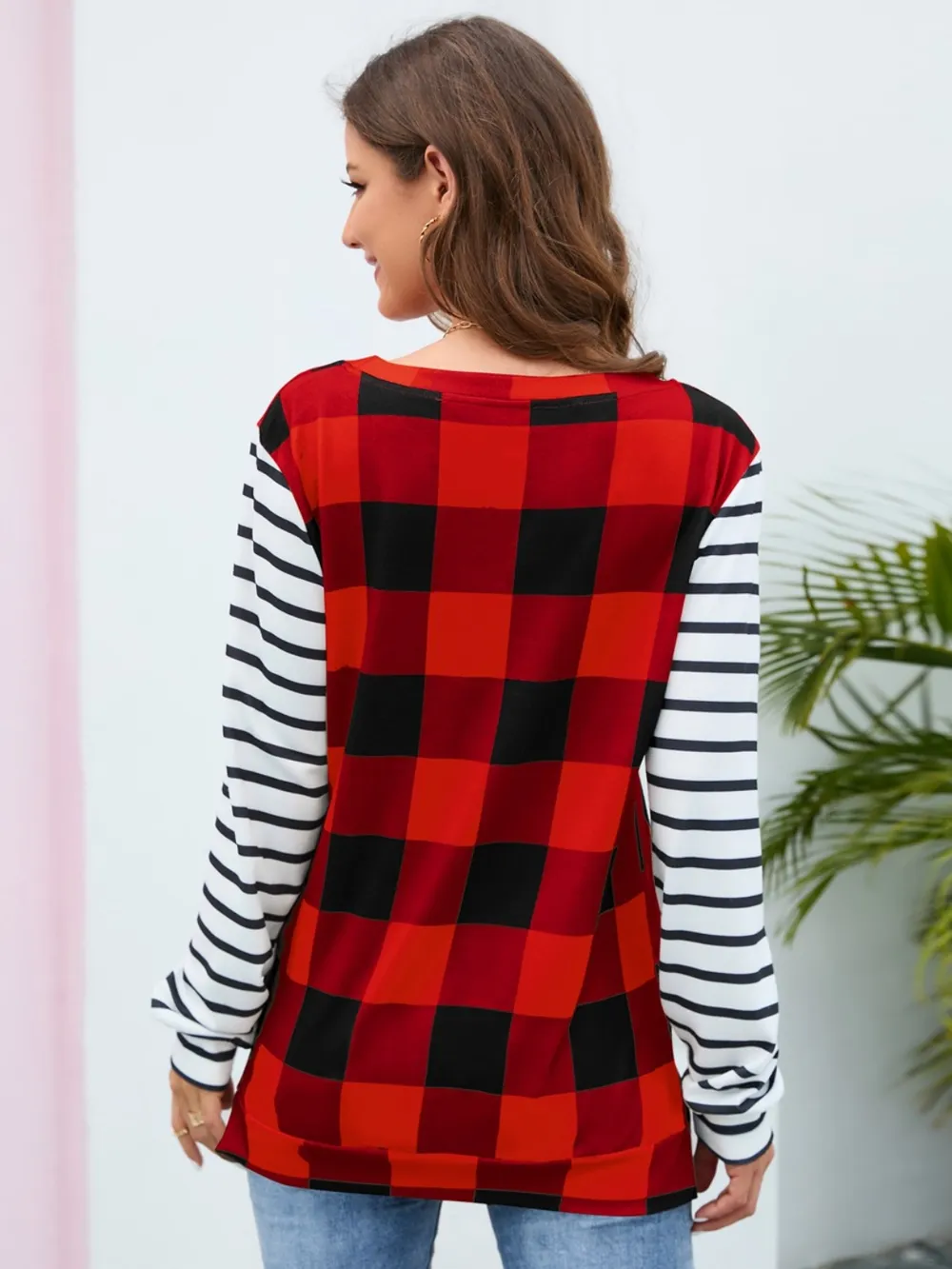 Plaid Striped Round Neck Long Sleeve T-Shirt, image 3