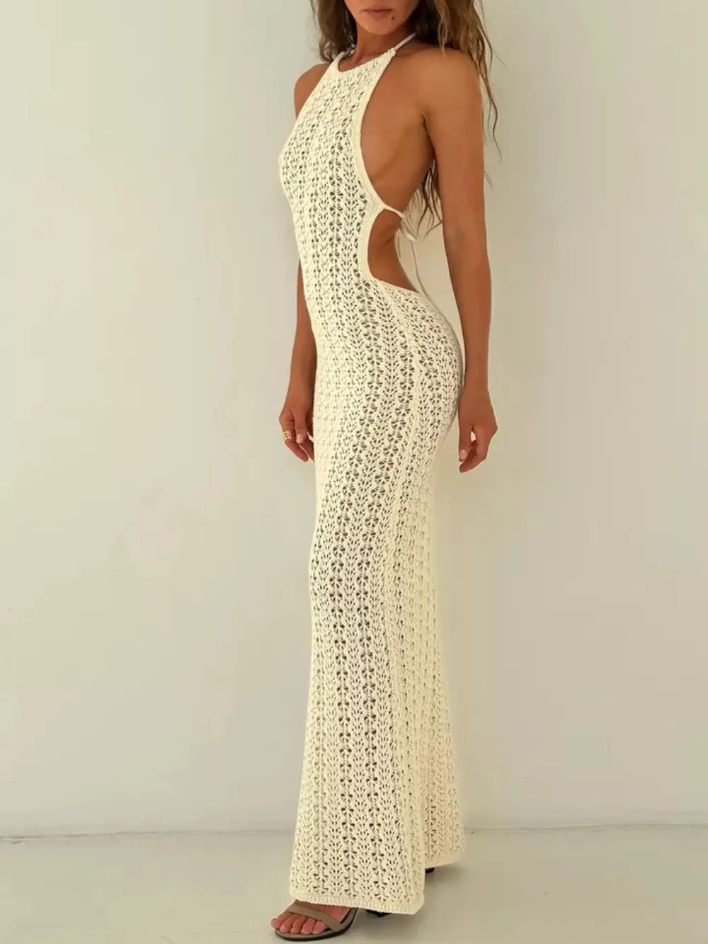 Crochet Halter Neck Bodycon Knit Cover Up Dress, image 6