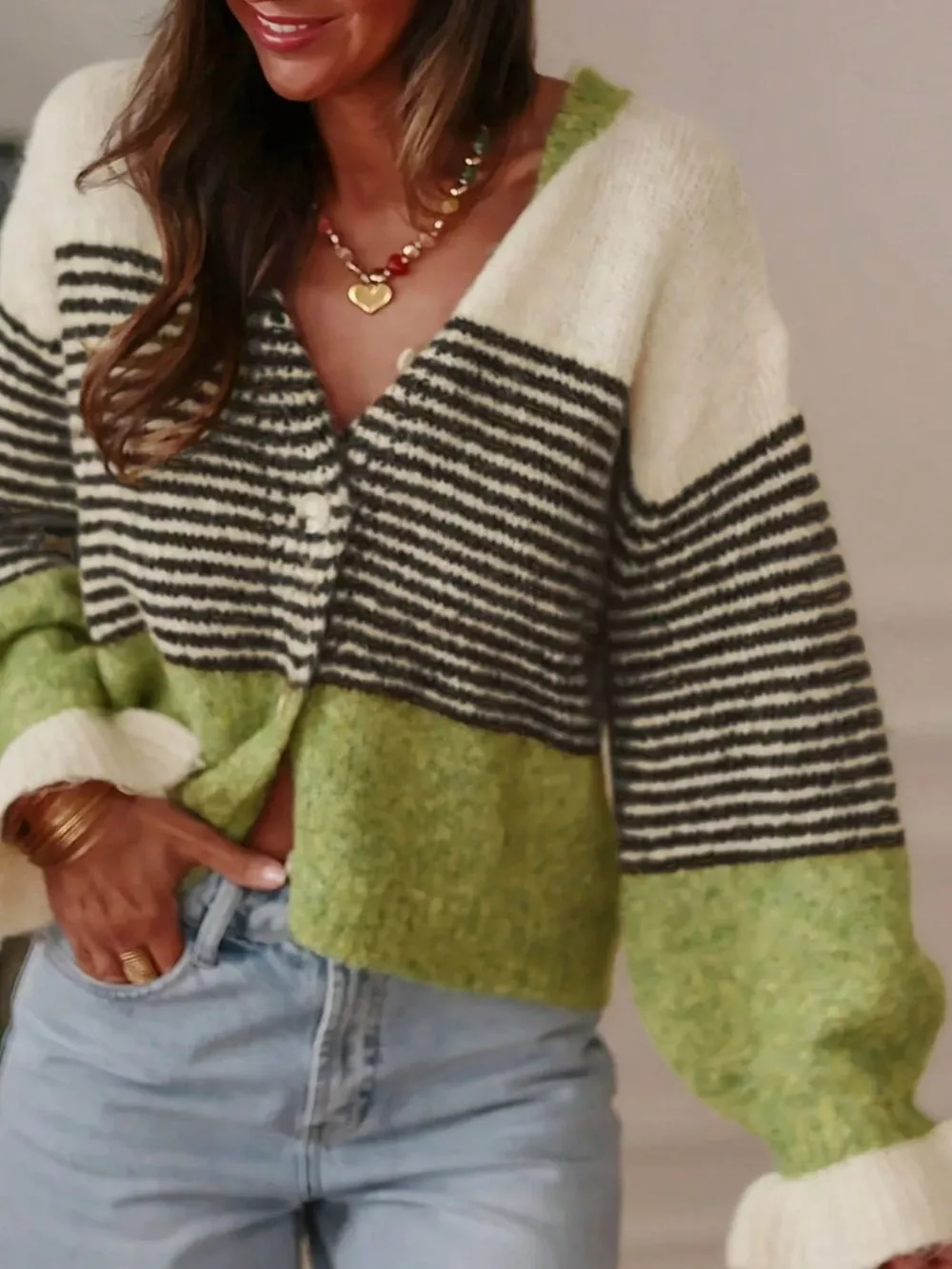 Striped Color-Block Button-Down Cardigan, image 6