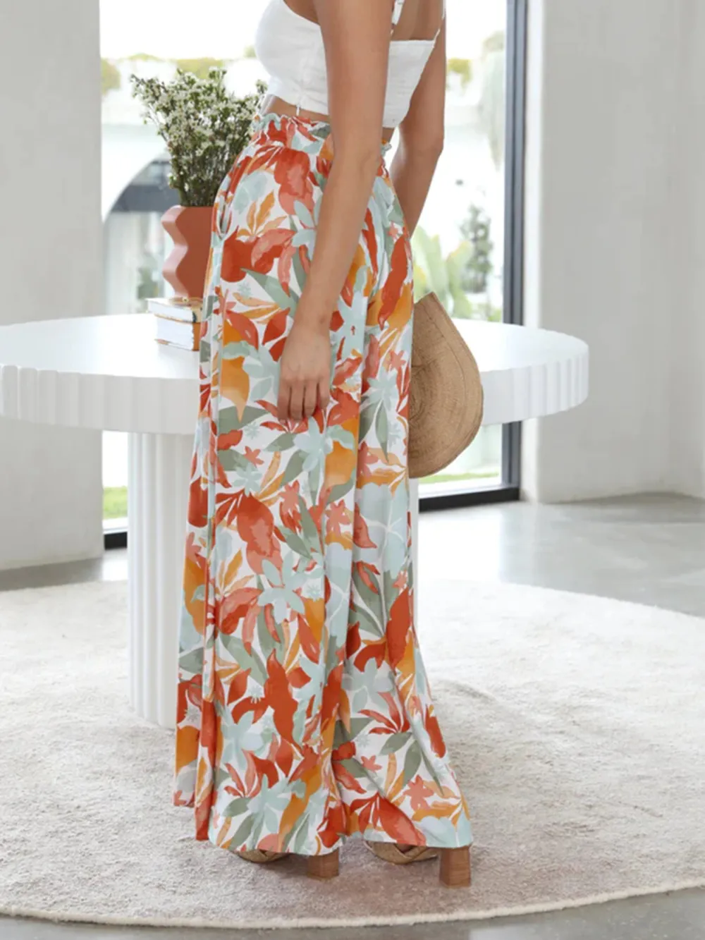 Drawstring Paperbag Waist Printed Wide Leg Pants, image 7