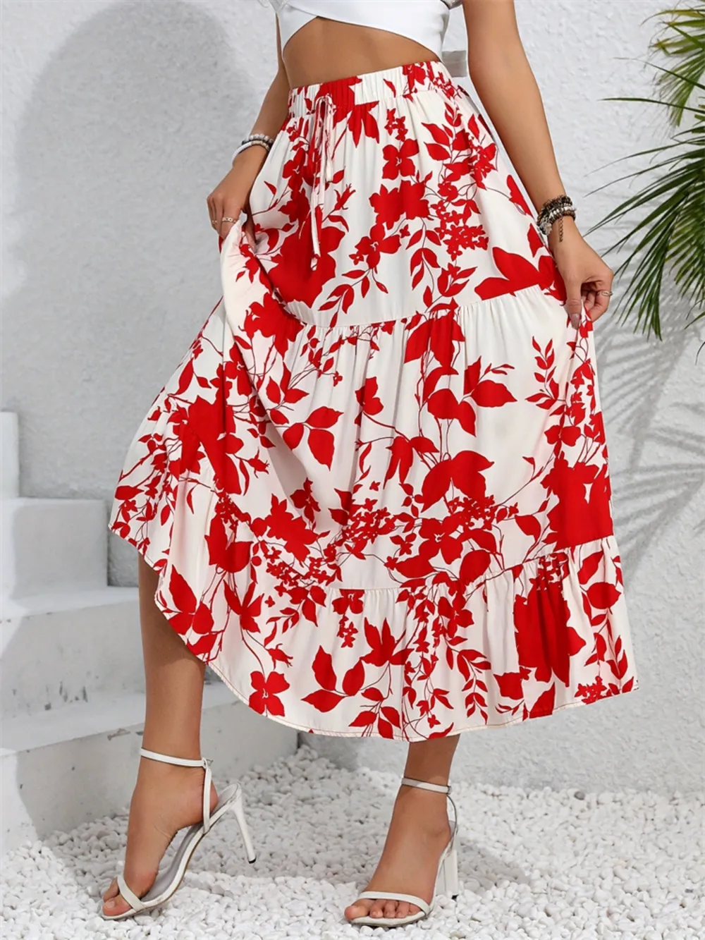 Ruffled Hem Printed Midi Skirt, image 4