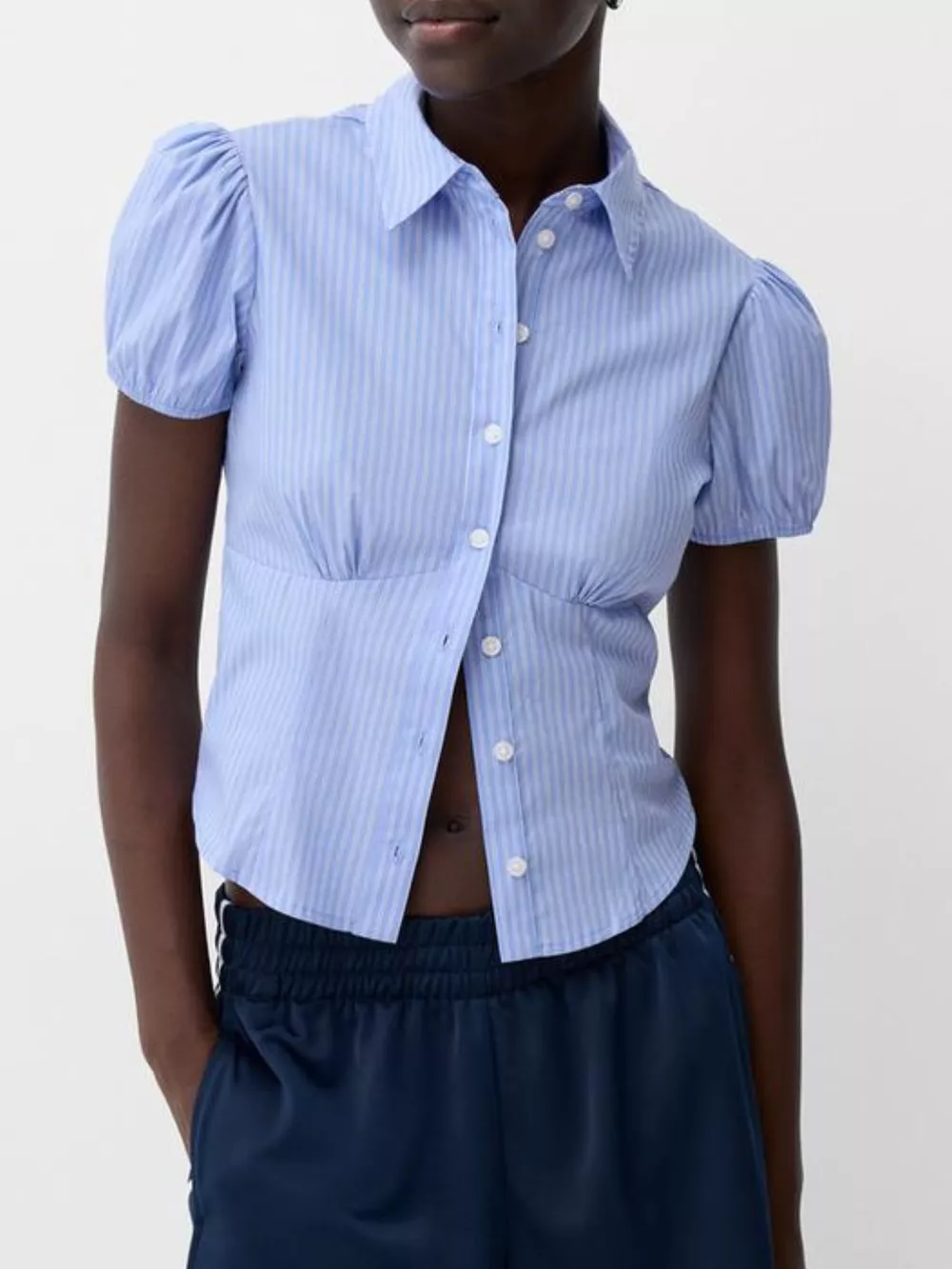 Striped Puff Sleeve Fitted Shirt, image 2