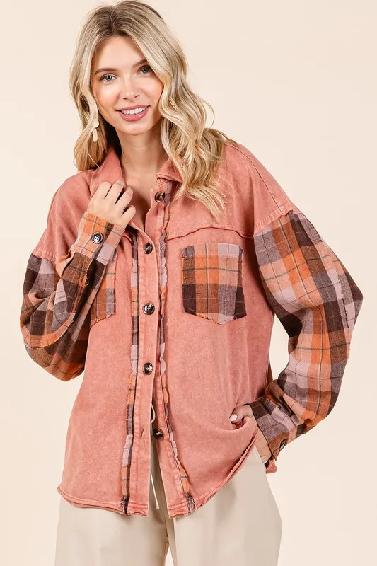 Button Down Contrast Plaid Patchwork Shacket