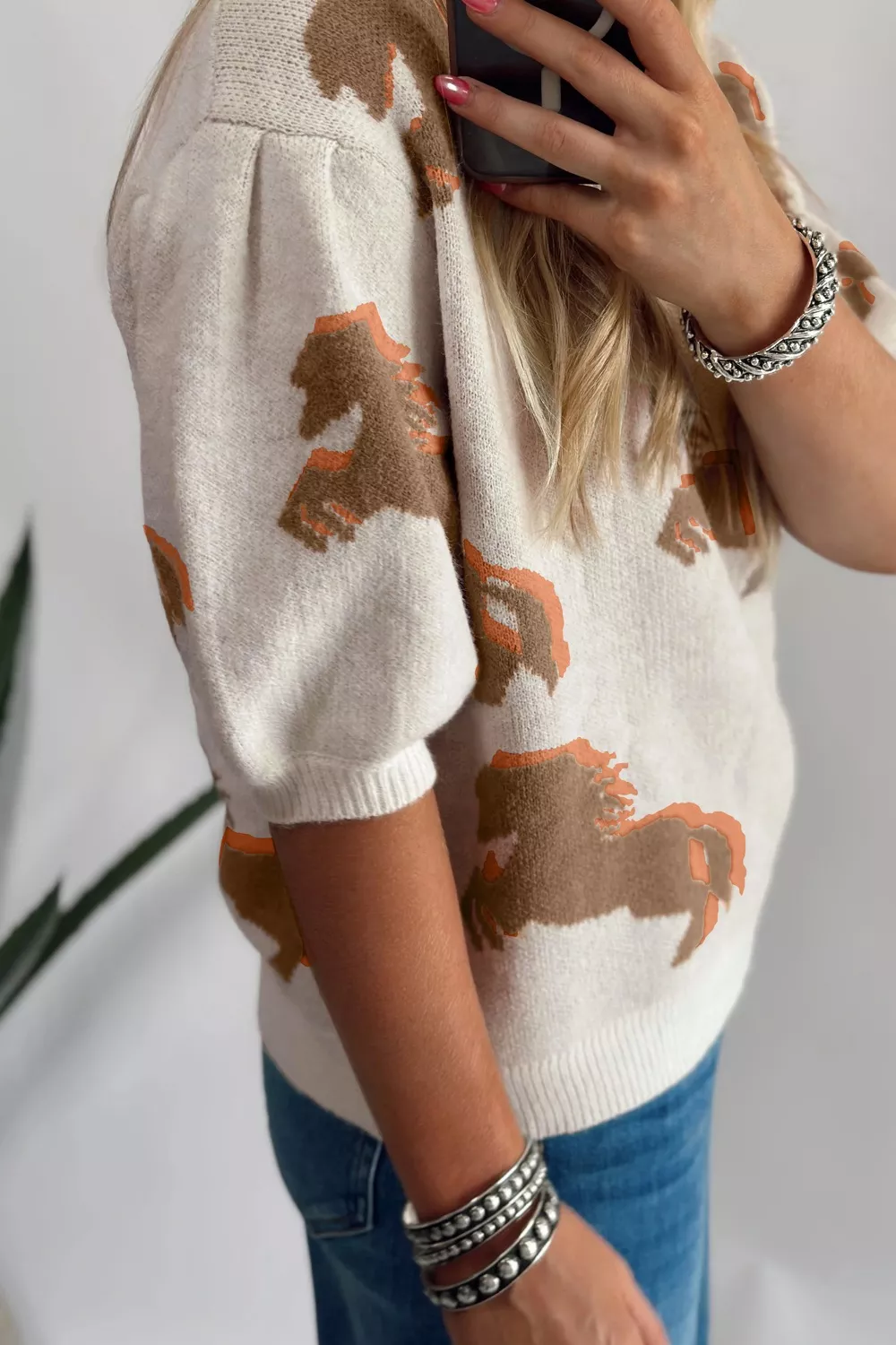 Western Horse Short Puff Sleeve Sweater, image 3