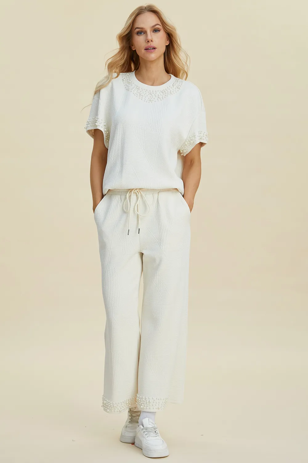 Full Size Pearl Detail Round Neck Top and Pants Set, image 5