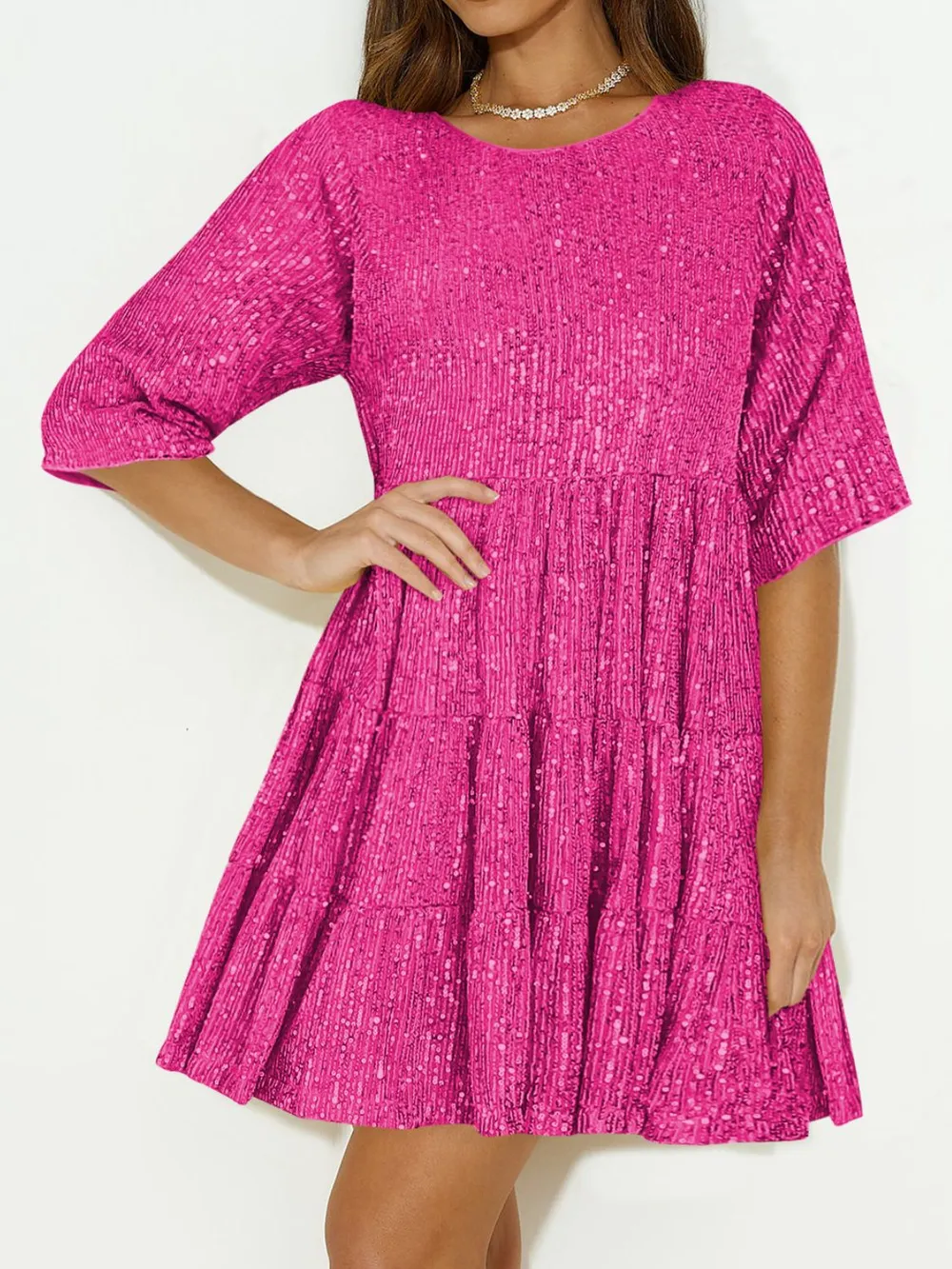 Sequin Round Neck Half Sleeve Mini Dress, image 12