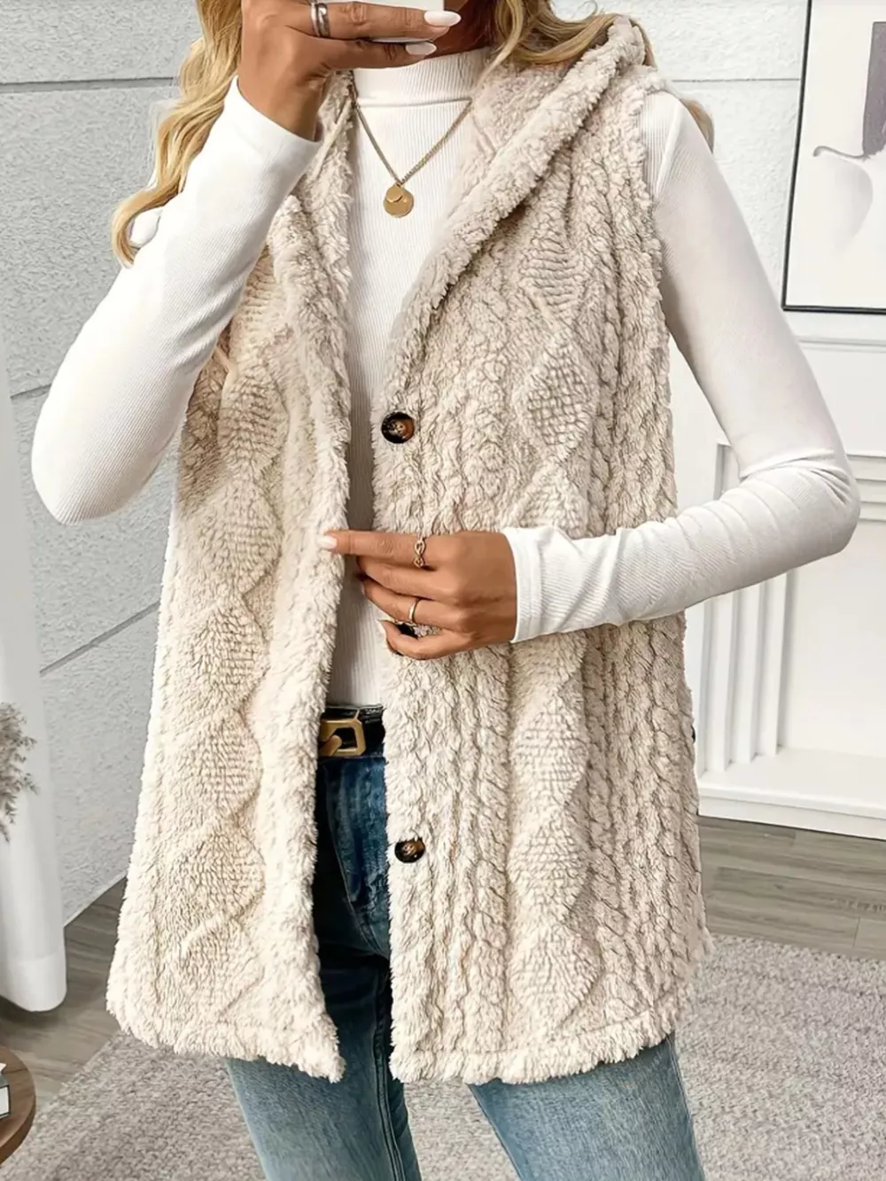 Button Up Plush Hooded Vest Coat, image 2