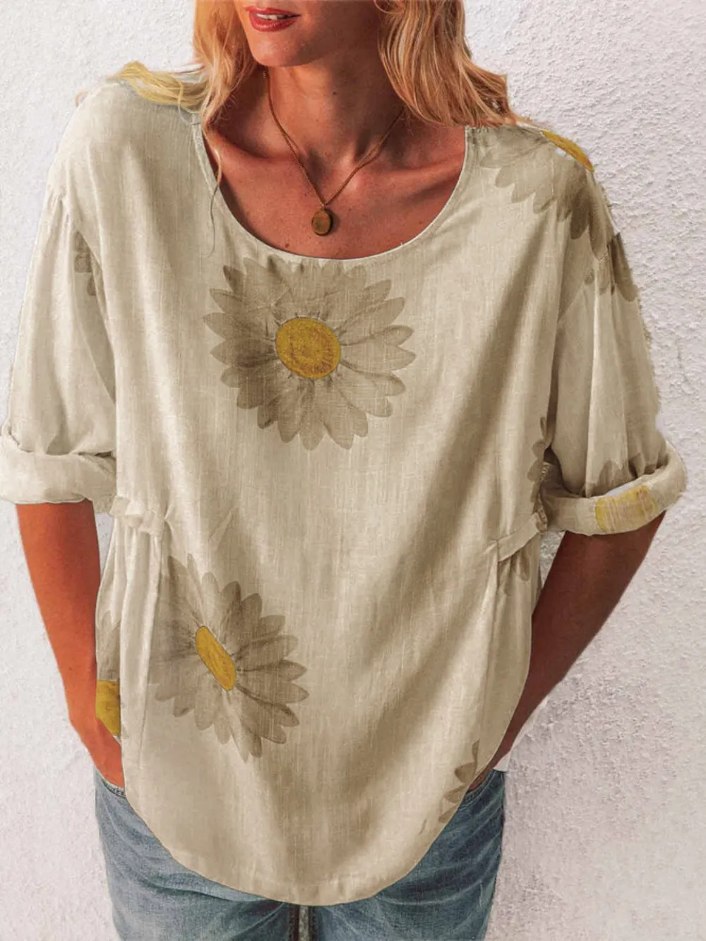 Full Size Flower Round Neck Half Sleeve T-Shirt Plus Size, image 18