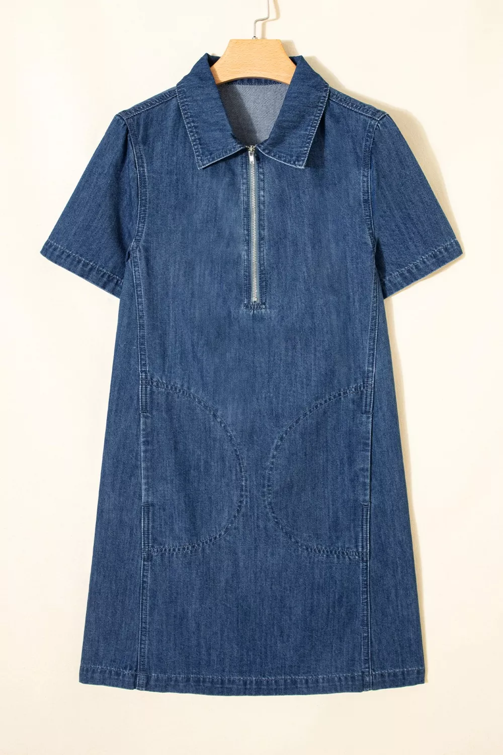 Zip Up Collared Short Sleeve Shift Mini Denim Dress, image 4