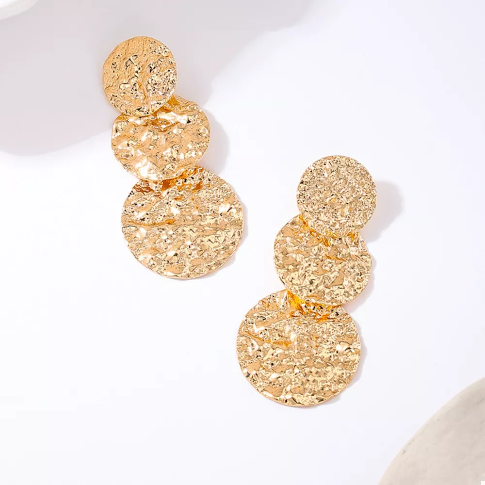 18K Gold-Plated Round Layered Textured Earrings, image 3