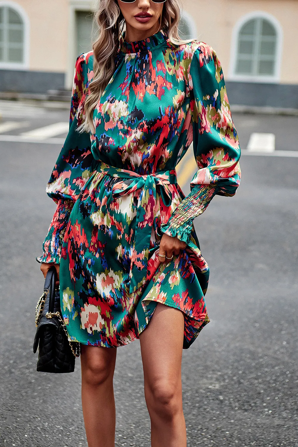Printed Tie Waist Mock Neck Lantern Sleeve Dress, image 8