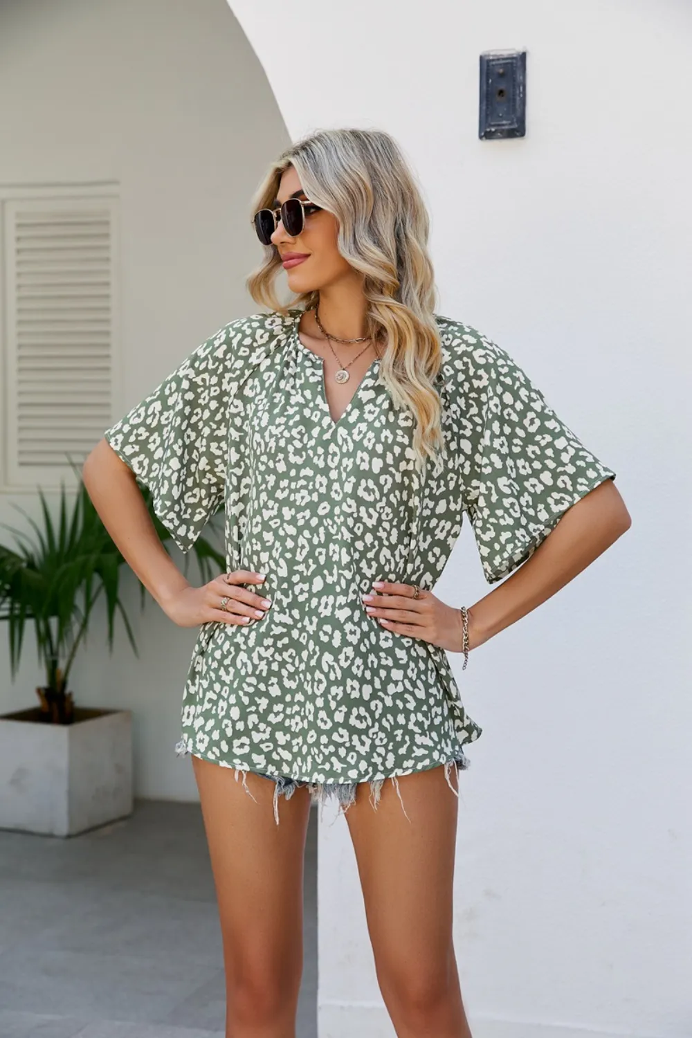 Leopard Notched Half Sleeve Blouse, image 5