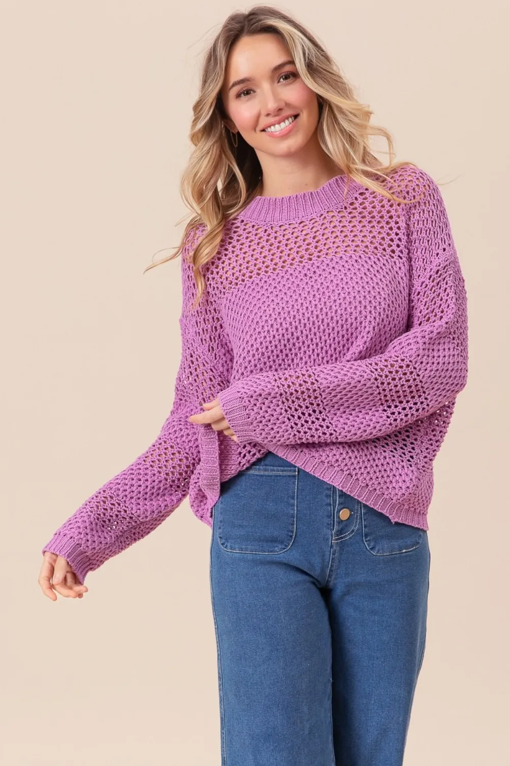 Openwork Long Sleeve Knit Top, image 3
