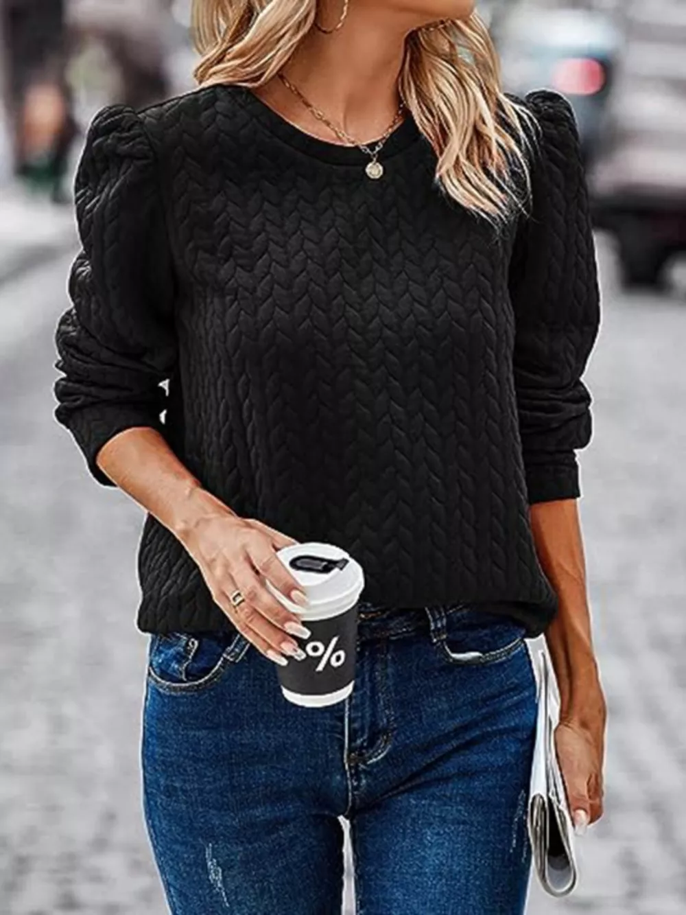Textured Round Neck Long Sleeve Blouse, image 11