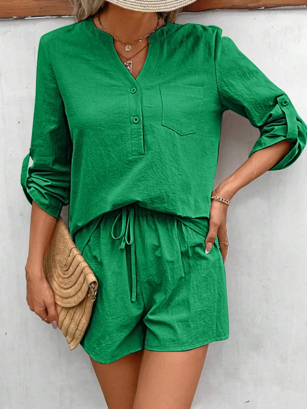 Notched Long Sleeve Top and Shorts Set, image 6