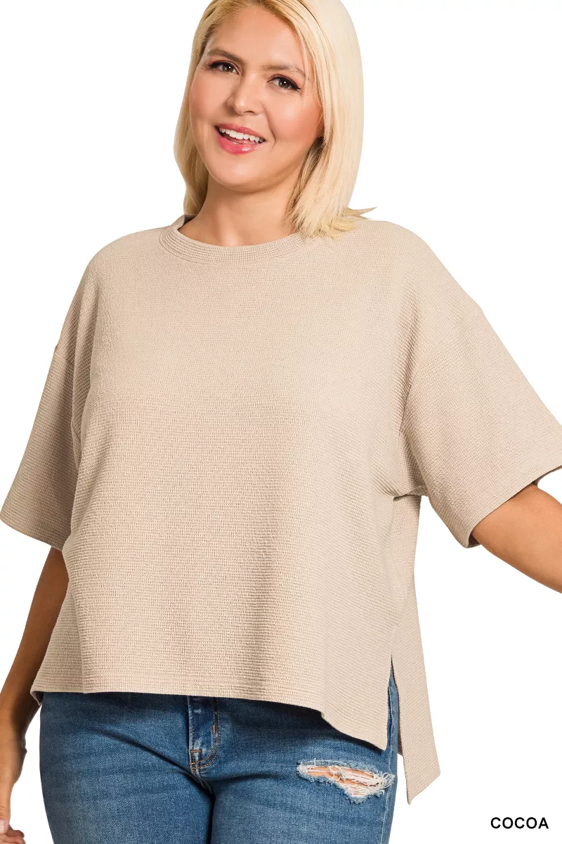 Full Size Double Knit Side Slits Hi Low Short Sleeve Top Plus Size, image 2