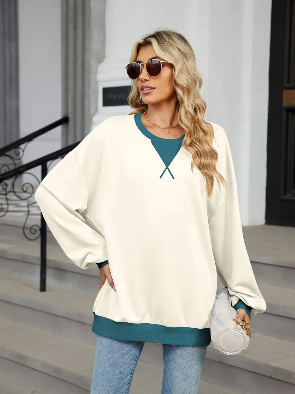 Contrast Round Neck Long Sleeve Sweatshirt, image 25