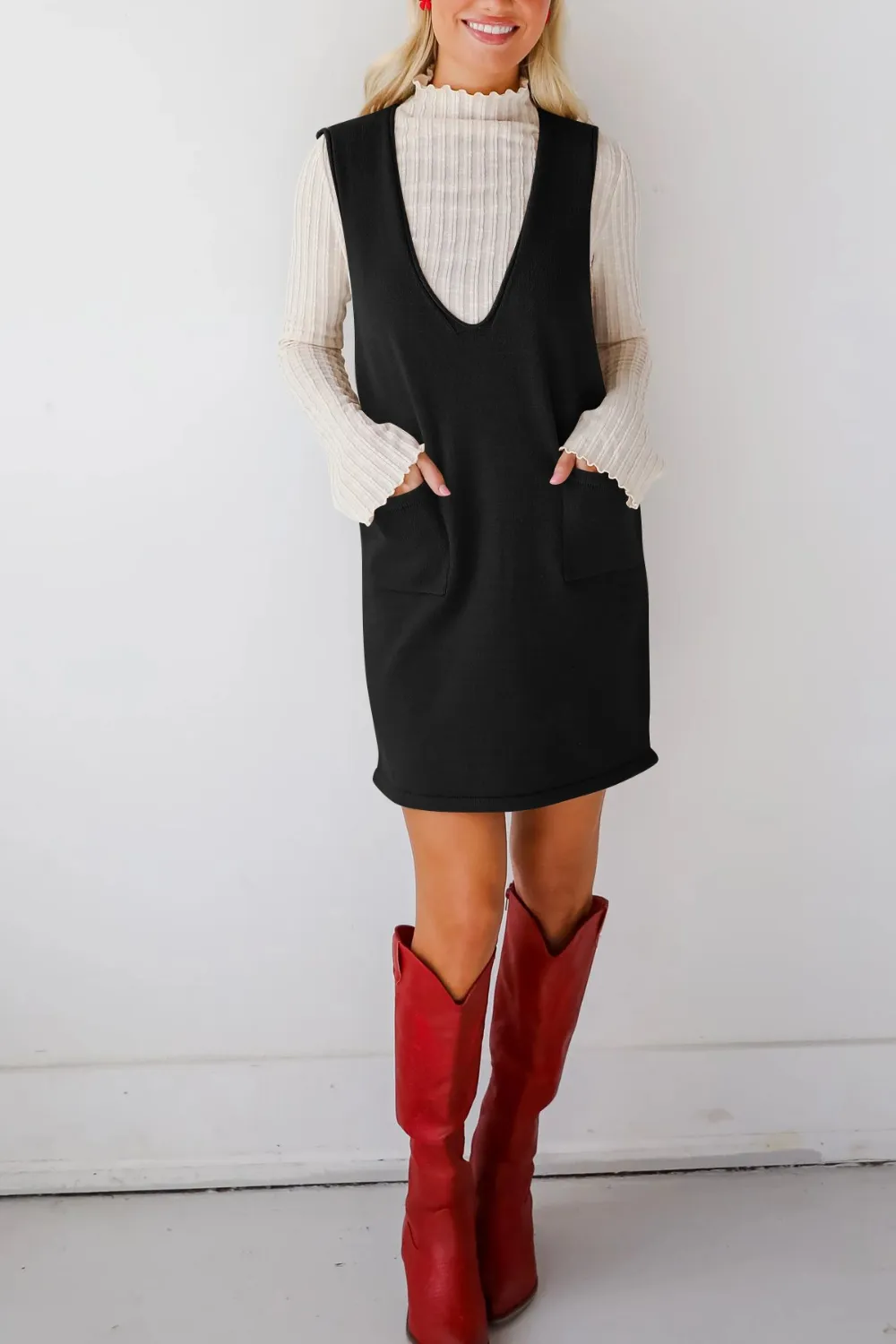 Pocketed V-Neck Mini Sweater Overall Dress, image 12