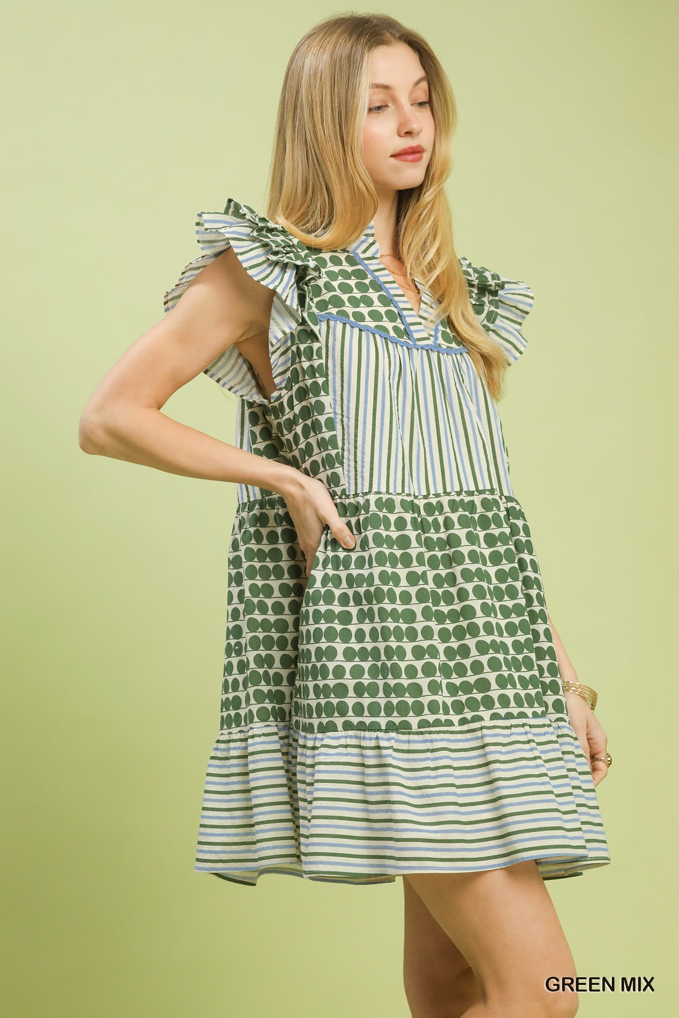 Mix Patchwork Flutter Sleeve Tiered Dress, image 2