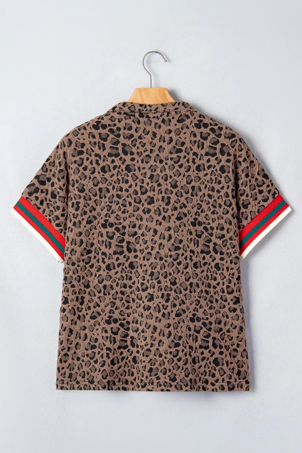 Leopard Jacquard Striped Patchwork Half Zip Short Sleeve Blouse, image 6