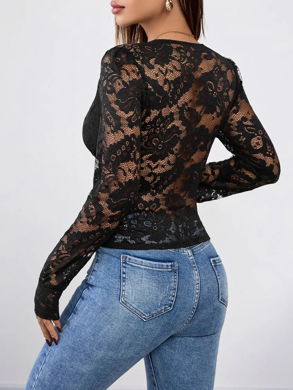 V-Neck Long Sleeve Lace Top, image 5